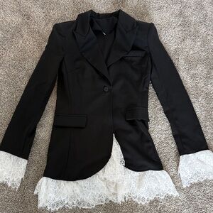 Elegant Black Lace Trim Women's Blazer